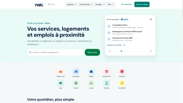 Page d’accueil de Nati et ses rubriques de services, immobilier, emploi et loisirs
